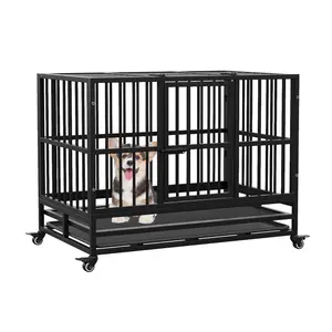 37 Inches Folding Dog Crate with Wheels, Heavy Duty Metal Dog Kennel with Double Door and Removable Tray, for Small, Medium and Large Breed