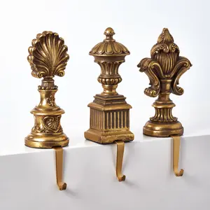 Antique Gold Metal-Look Fleur De Lis Finial Stocking Holder Assorted Set of 3