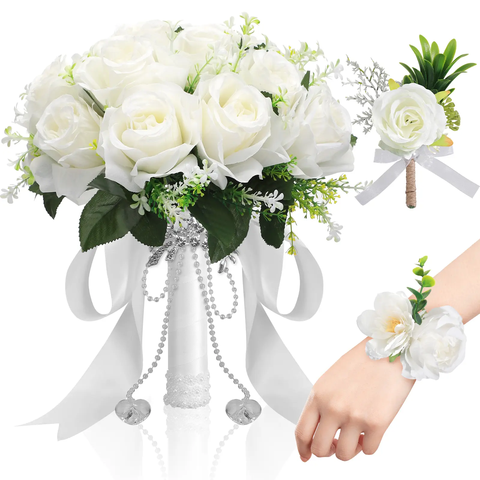 Wedding Bouquets Set of 3 for Bride Bridesmaid, White Champagne Roses Flowers for Bride Bridesmaid, for Ideal as a Toss Bouquet, The Perfect Wedding Church Decoration Valentine's Day Brides and Bridesmaids Ceremonies