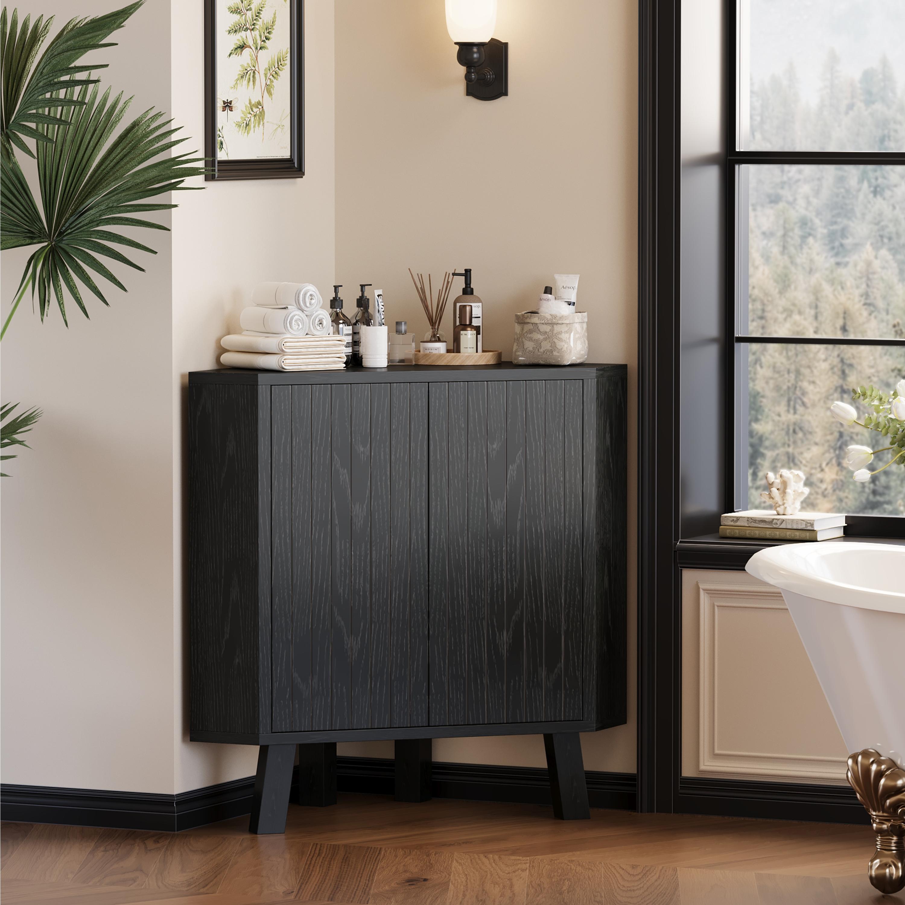 31.5'' Corner Cabinet with Doors, 3-Tier Industrial Fluted Corner Shelf with Adjustable Shelf, Freestanding Triangle End Table for Living Room, Bedroom, Kitchen, Bathroom 31.5'' Corner Cabinet with Doors, 3-Tier Industrial Fluted Corner Shelf with Adjustable Shelf, Freestanding Triangle End Table for Living Room, Bedroom, Kitchen, Bathroom