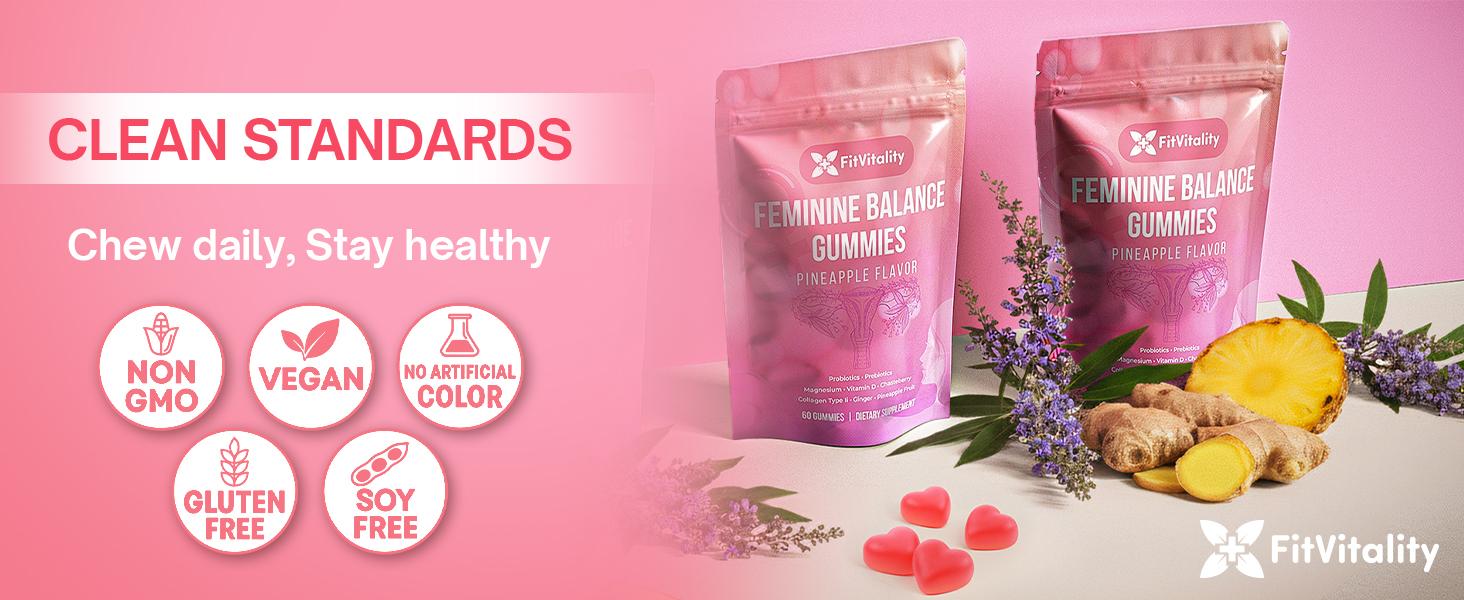 Premium 60 Feminine Balance Gummies – Vaginal Probiotics & Support Digestive Health – Probiotics, Collagen Type II, Chasteberry, Vitamin D & Magnesium – Gluten-Free, Natural Pineapple Flavor, Vegan