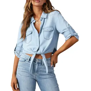 Buenoble Women’s Denim Button-Down Shirt 3/4 Sleeve Cropped Tie Waist Western Shirt Casual Trendy Fashion Top SpringStatements