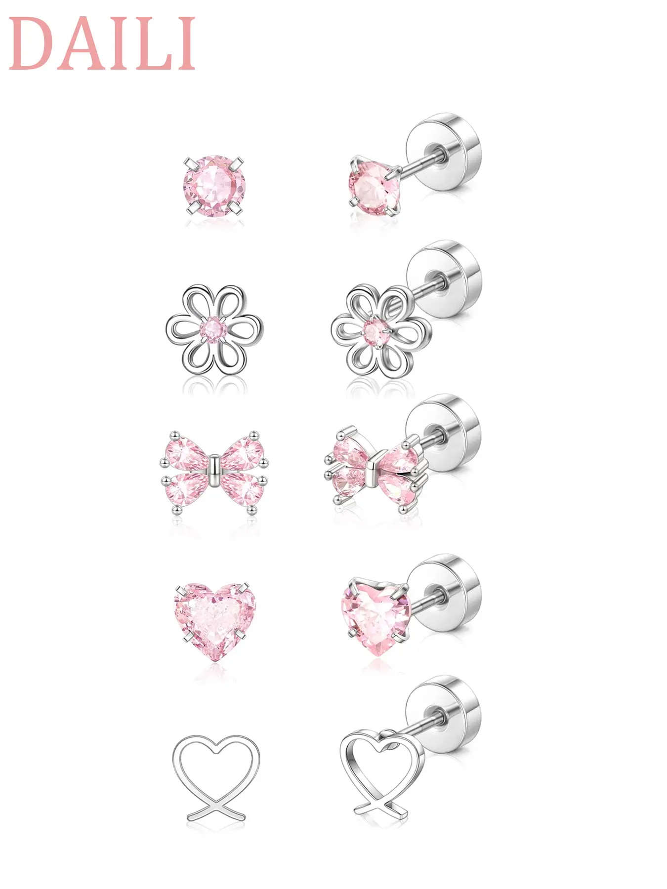 5 Pairs Cute Spiral Fashion Earrings Set for Girls and Ladies, Lightweight Hypoallergenic Stainless Steel, Pink Bow Butterfly Heart Flower Zircon Studs, Earring Stacking Set, Stud Earring Pack