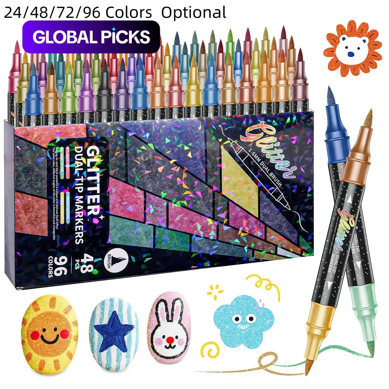 24/48/72/96/120 Colors Glitter Effect Brush Markers, Art Marker Set, Dual-Tip Dual-Color 1-5 mm Soft Brush Shimmer Marker for Doodle, Writing, Glitter Art, DIY Crafts, Greeting and Birthday Card Making #GLOBAL PICKS