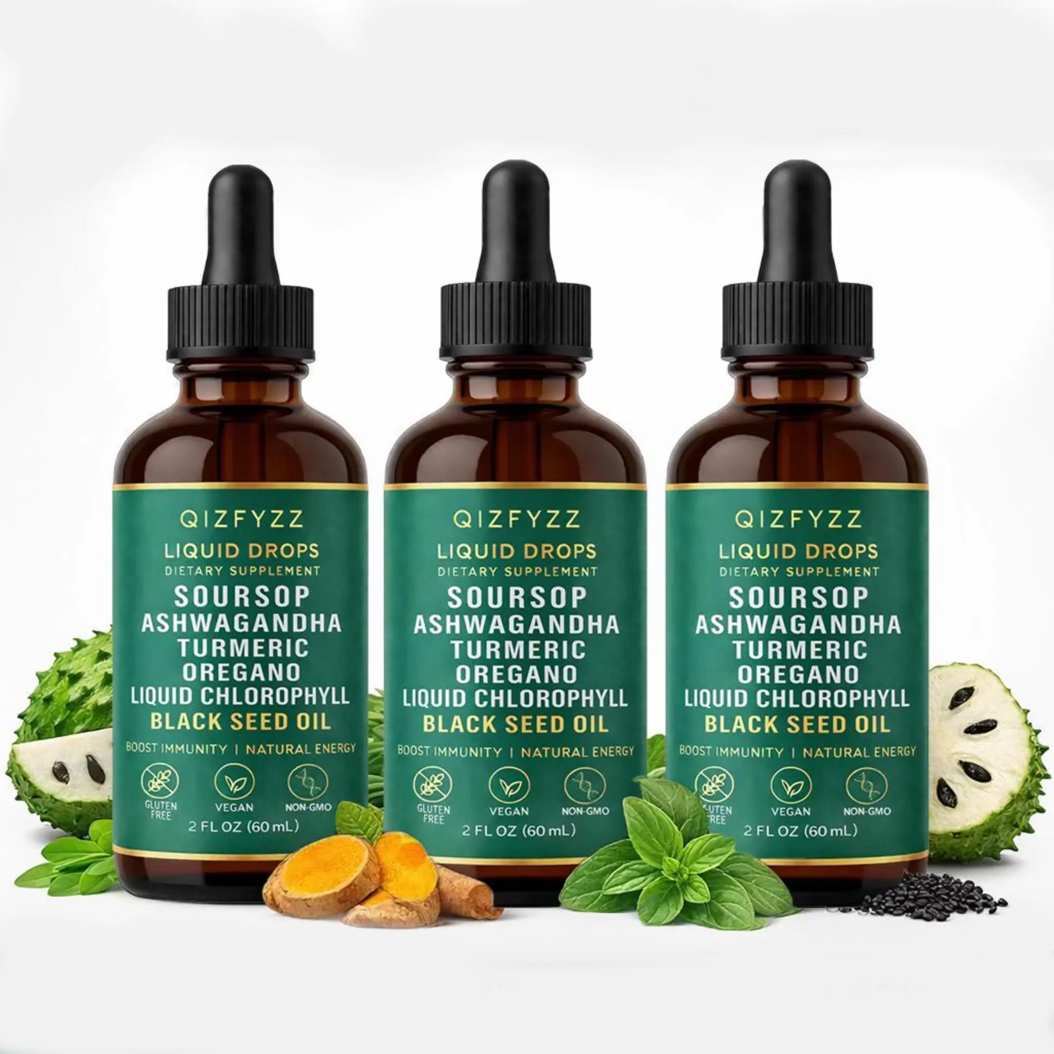 QIZFYZZ Edible Botanical Extract Herbal Supplements - Soursop, Moringa Oleifera, Sea Moss, Oregano Liquid Essence Natural Health Supplements for Immune Enhancement (3 Bottles) | Healthy Body Support,travel essentials