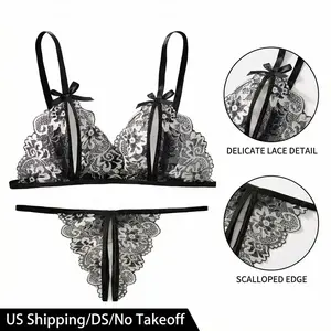 Women's Sexy 2 Piece Lace Lingerie Set with Open Cup Bra andThong Floral Embroidery Sheer Mesh with Satin Bows for DateNight Anniversary Wedding Night Gift for Her Womenswear