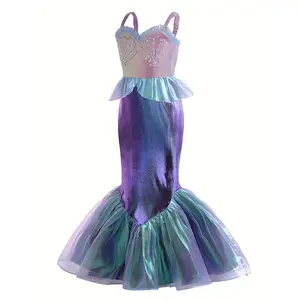 Halloween Christmas Chest Measurement Girls Mermaid Dress Fairy Tale Princess Gradient Glitter Mesh Fishnet Splicing Tutu