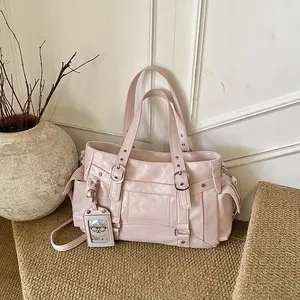 Aesthetic Multi Pocket Vegan Leather Shoulder Bag with Buckle Strap Detail, Large Capacity Everyday Tote for Work & School