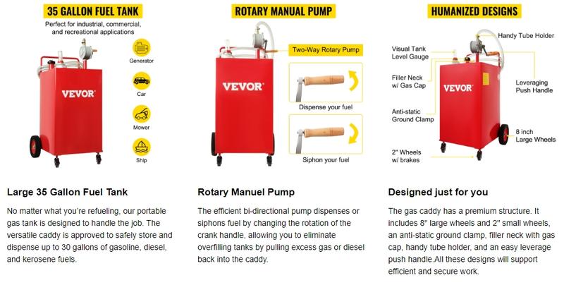 VEVOR Fuel Caddy, TikTokShopBlackFriday, 30/35 Gallon, Gas Storage Tank on 4 Wheels, with Manuel Transfer Pump, Gasoline Diesel Fuel Container for Cars, Lawn Mowers, ATVs, Boats Bottles Organiser