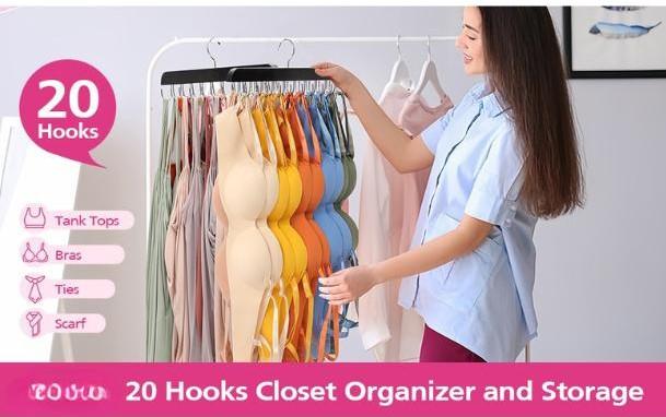 20-Hook Foldable Bra & Tank Top Hanger, Stainless Steel Metal Adjustable Closet Organizer, Room Accessories Space Saver for Closet Storage [New Deal]