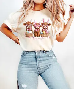 Happy Easter Highland Cow Bunny T-Shirt, Cute Highland Cow With Bunny Ears Easter Eggs Graphic Tee, Funny Easter Farm Cow Shirt for Women Spring Gift