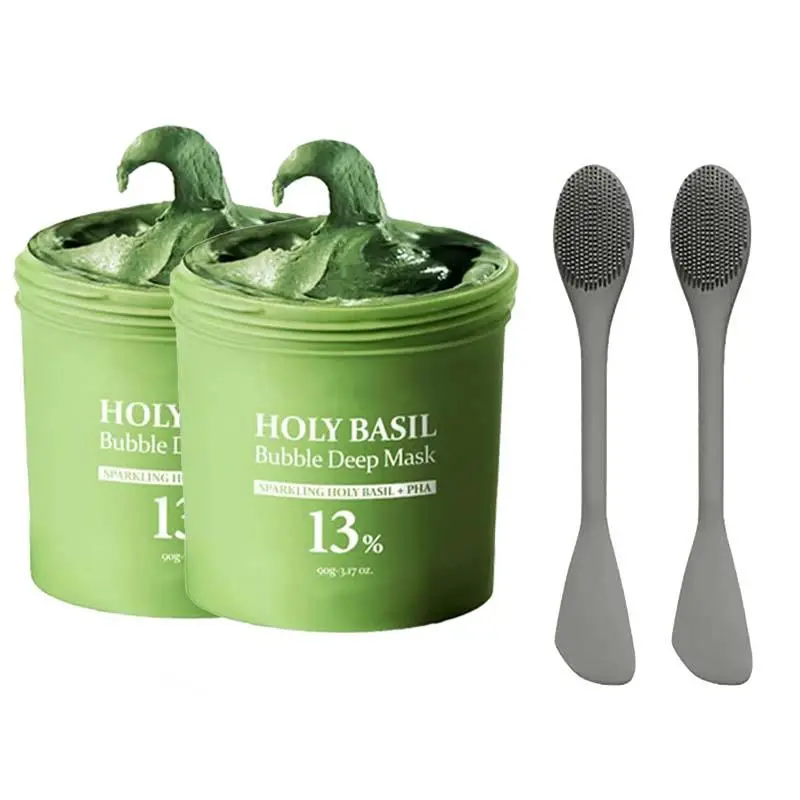 2PCS Holy Basil Bubble Deep Mask - 13% Sparkling Holy Basil & PHA for Pore Refining & Blackhead Removal Korean Clay Bubble Wash-Off Pack for All Skin Types