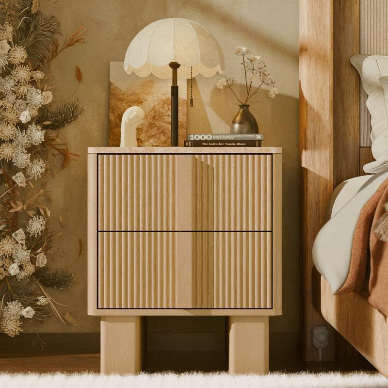 Modern Fluted Nightstand Set of 2 with Charging Station, 22" Tall Whitewashed Oak End Tables with 2 Spacious Drawers & Reinforced Wide Legs, Bedside Storage for Bedroom & Living Room