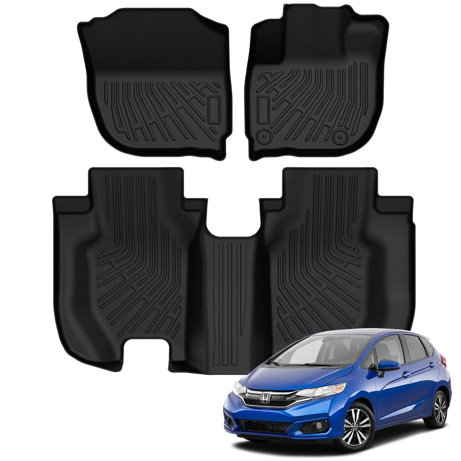 Canvcle Automotive Floor Mats - Vehicle-Specific, Accurate Fit for 2015-2020 Honda Fit, 1st & 2nd Row Non-Slip Waterproof Black TPE Mats, Easy Cleaning, Scratch-Preventing All-Weather Car Interior Accessories