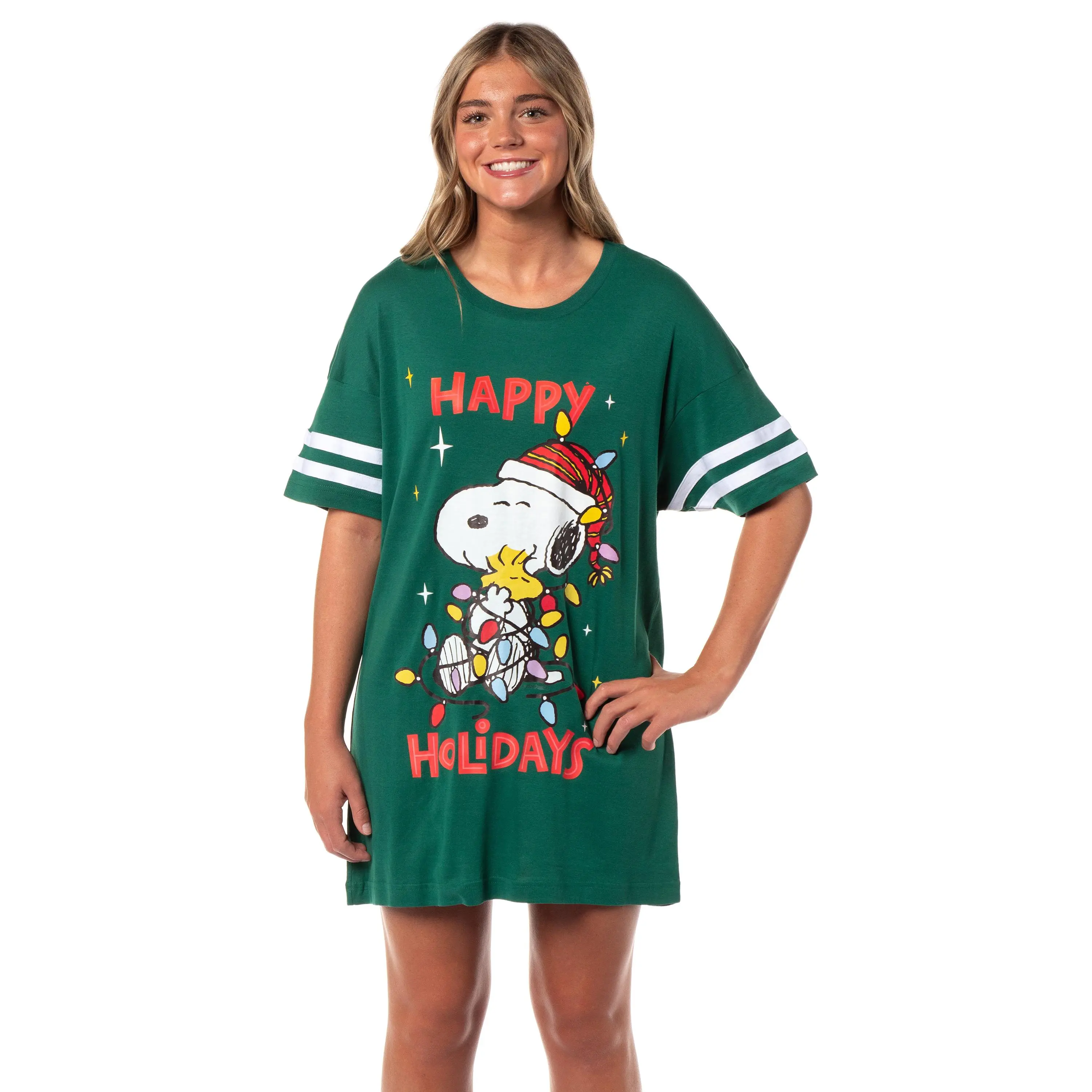 Peanuts Women's Christmas Happy Holidays Snoopy Nightgown Pajama Shirt Dress For Adults