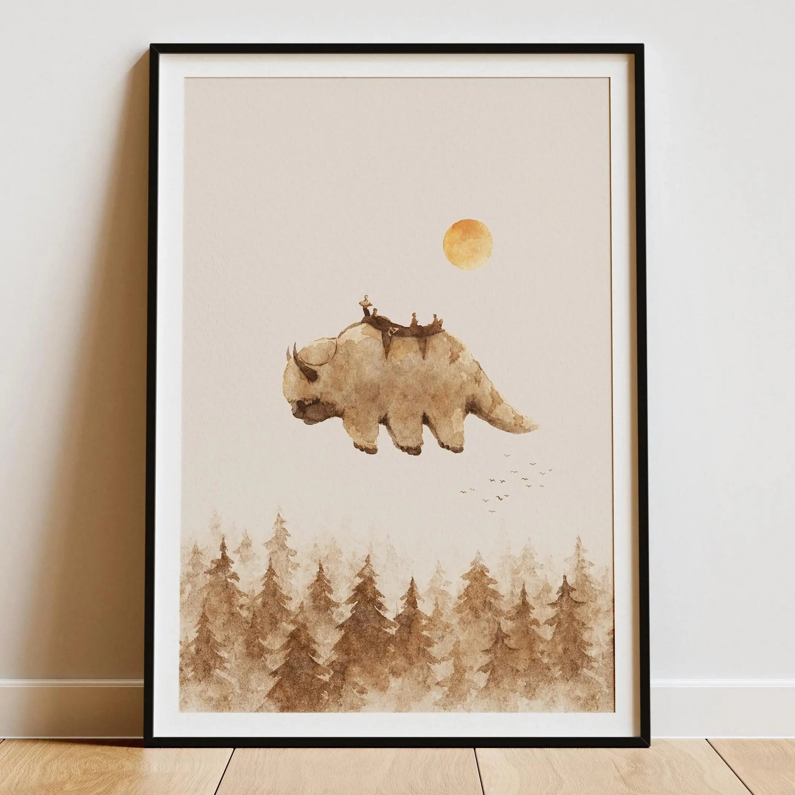 Watercolor Flying Bison Printed Poster - Neutral Boho Nature Wall Artwork for Bedroom, Office, Living Room Decor, Mount