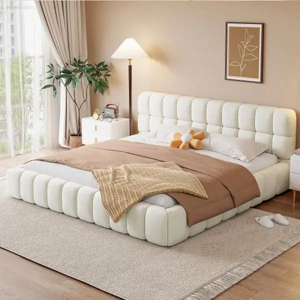 【Bellemave】Queen /King  Size Upholstered Platform Bed with Thick Fabric, Grounded Bed with Solid Frame, Beige