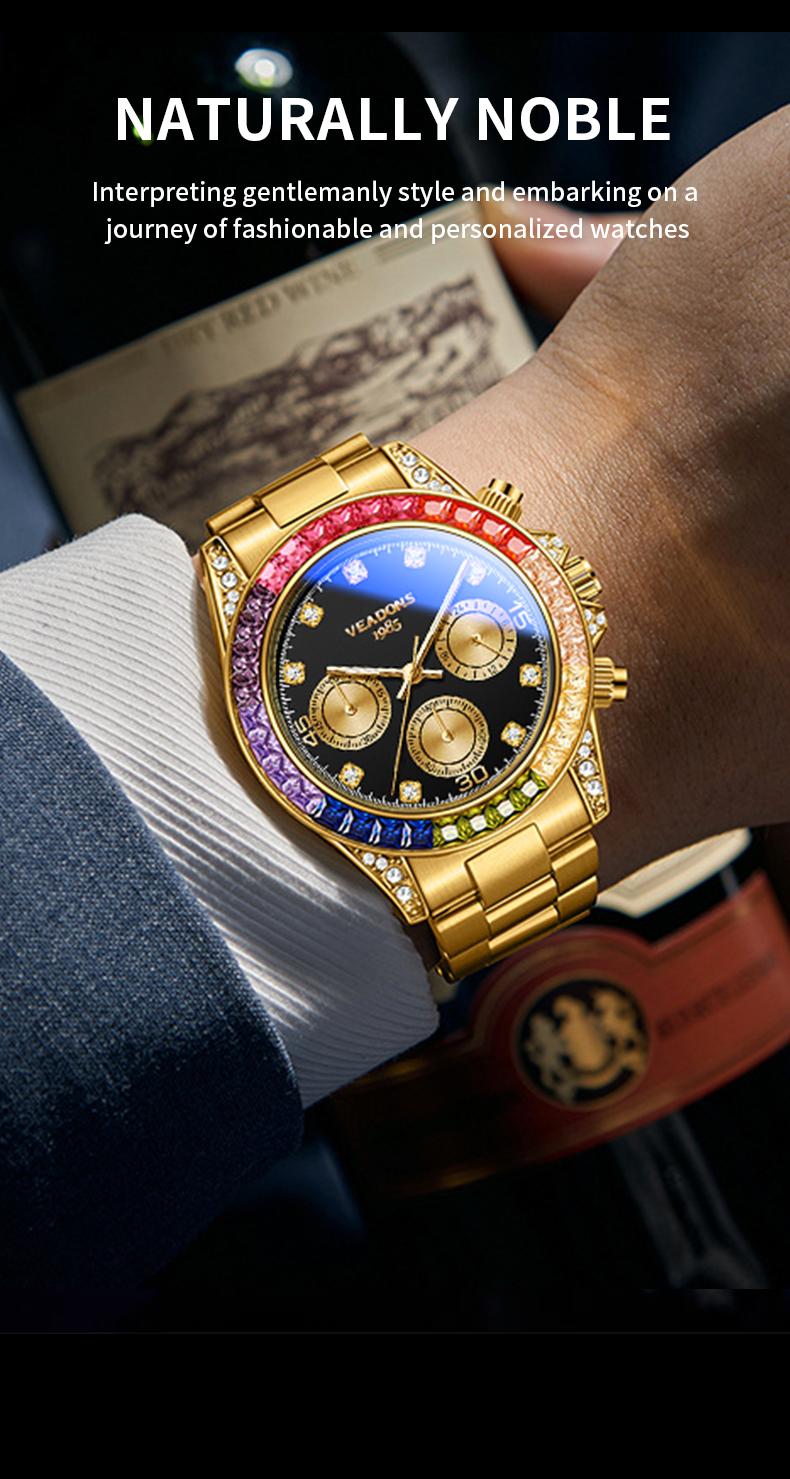 VEADONS Men's Business Fashion Rhinestone Decorated AnalogQuartz Watch Rainbow Crystal Chronograph Quartz Movement Luminous Date WaterResistant for Party Daily Wear Birthday Gift with Box