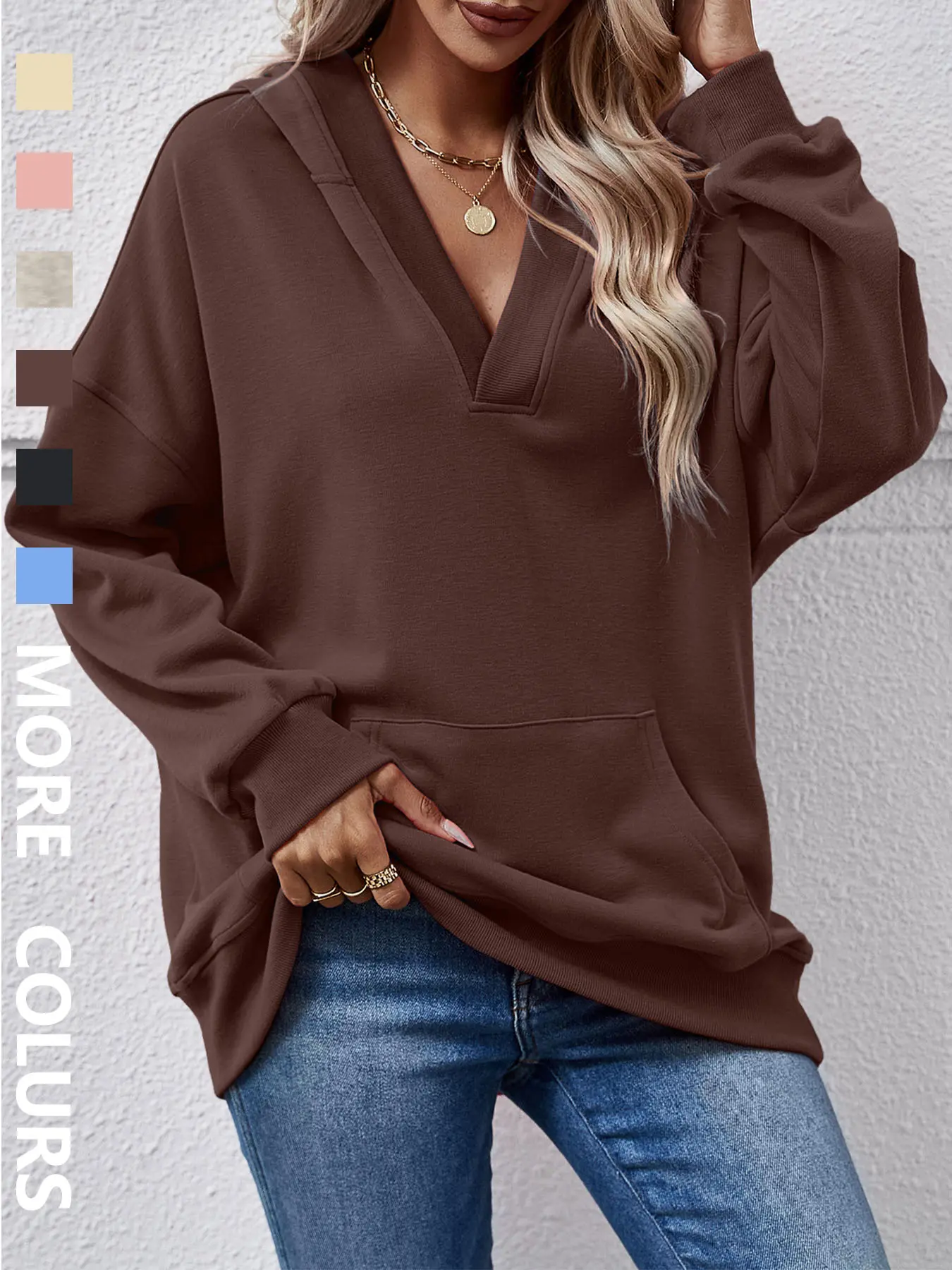 Women's Casual Minimalist Hooded Sweatshirt with Kangaroo Pocket, Loose-Fit Long-Sleeve Pullover Hoodie, Warm Basic Streetwear for Fall & Winter Daily Wear