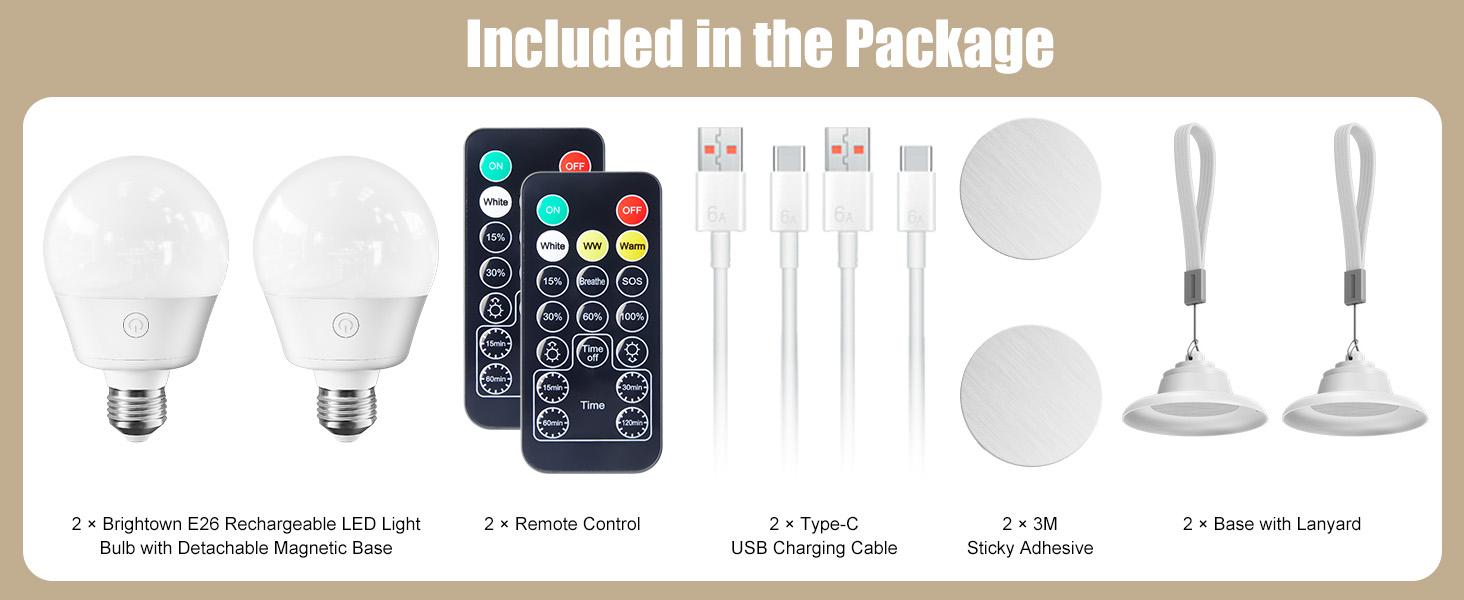 Brightown E26 Rechargeable Light Bulb with Remote Timer and 3 Color Temperatures, Battery Backup Bulb for Sconces and Lamps, E26 Detachable Charging for Non-Hardwired Fixture, Dimmer, 700LM