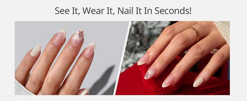 BTArtbox French Tip Press On Nails - Gingerbread Joy, 3D Short Almond Christmas Press On Nails with Glue and Adhesive Tabs for Women in 16 Sizes - 32 Soft Gel