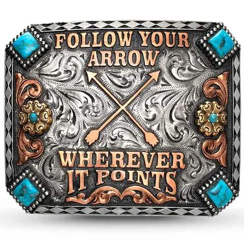 Follow Your Arrow Belt Buckle - German Silver, Scroll Engraving, Turquoise Metallic Buckle, Copper Accents, Inspirational Quote, Cowboy Aesthetic Accessory for Daily Wear, Rodeo Events