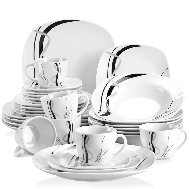 VEWEET Fiona Series Porcelain Tableware Set - 18/24/30-Piece Classic Dinnerware Sets for 6, Glossy White with Black & Gray Stripes, Includes 7.5" Dessert Plates, Soup Bowls, Dinner Plates, Espresso Tea Cups & Saucers, Sturdy, Ideal for Housewarming Dishes