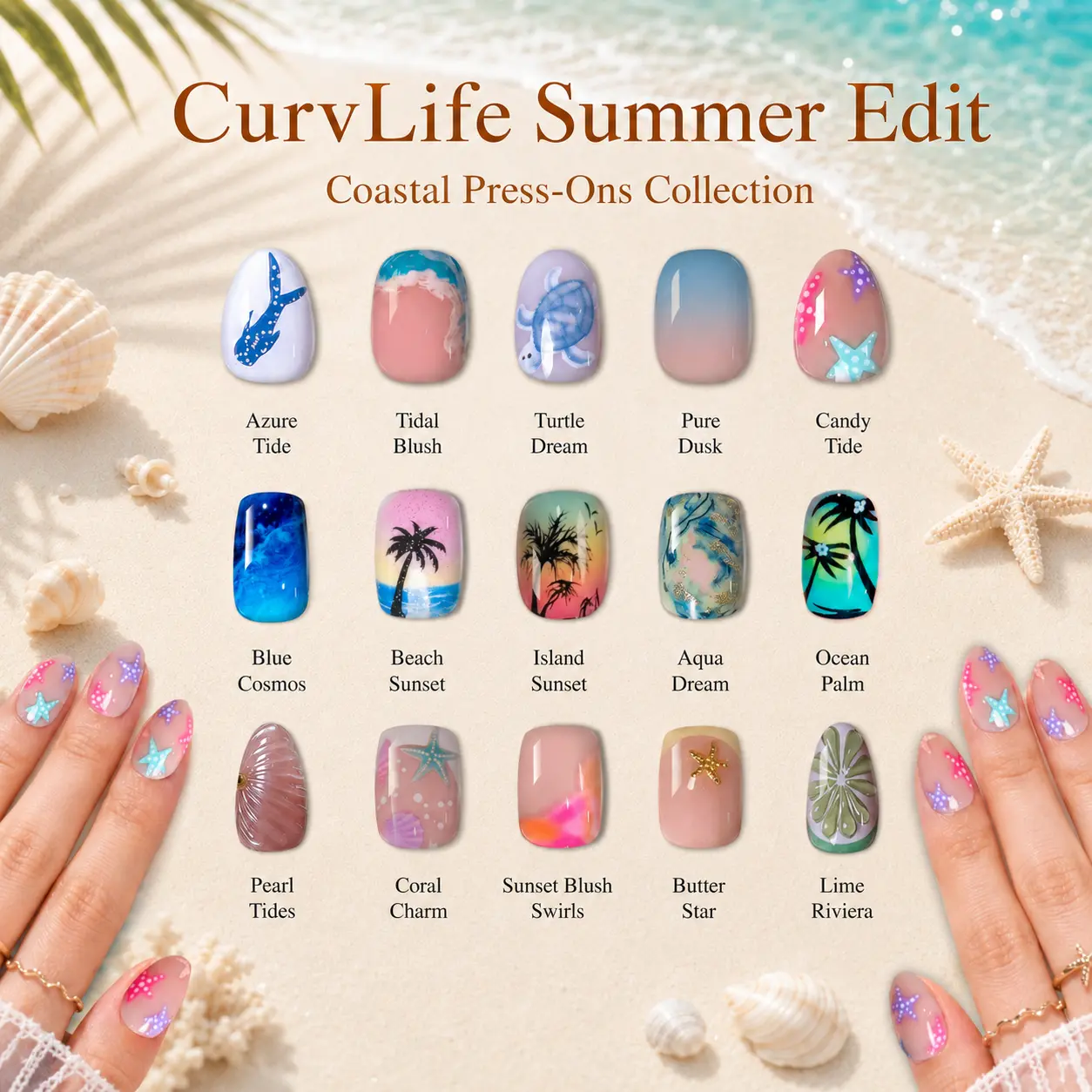 CurvLife Ocean Breeze Press-On Nails Collection – 30PCS, Blue Sea, Wave, Shell and Tropical Beach Inspired Designs, Glossy Reusable Nails for Summer Vacation and Coastal Looks