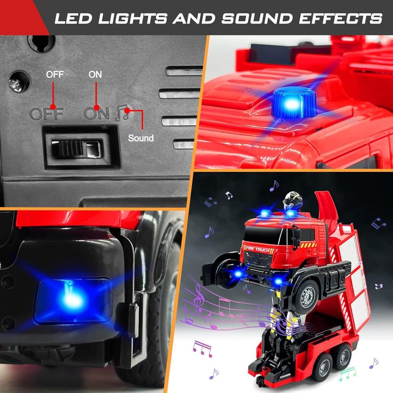 Remote Control Fire Truck with LED Sounds, RC Car Toy with 3pcs Small Firetrucks and 10pcs Roadblock Models, One Button Press Spraying Water Transformer Fire Truck for Kids Toddlers Boys
