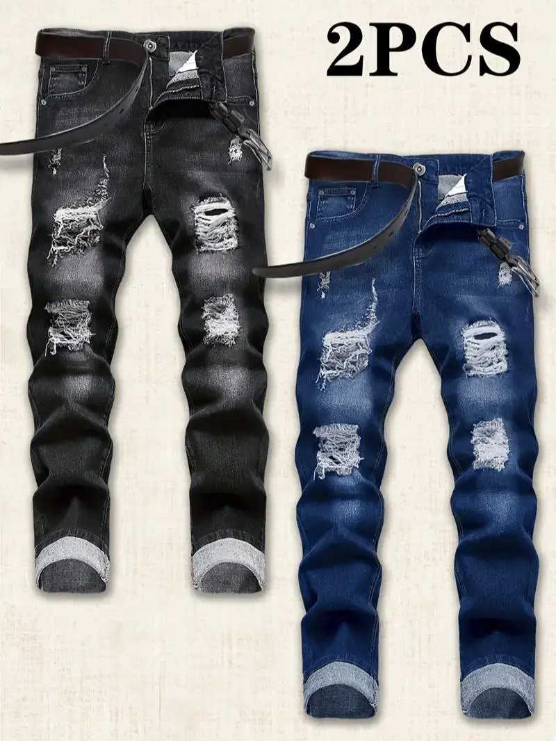 2026 Men's Slim-Fit Distressed Jeans 2-Pack, Classic Versatile Casual Denim Trousers