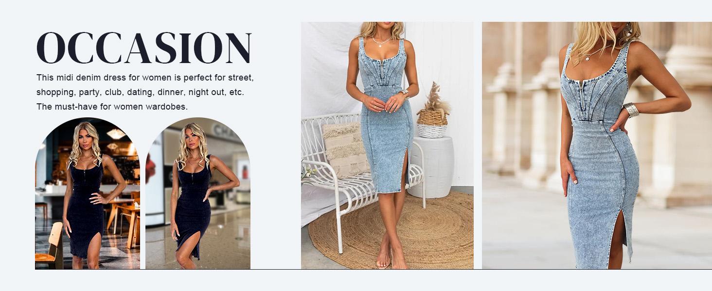 utcoco Denim Dress for Women Sleeveless Side Slit Bodycon Midi Jean Dresses for Women 2026 SpringStatements