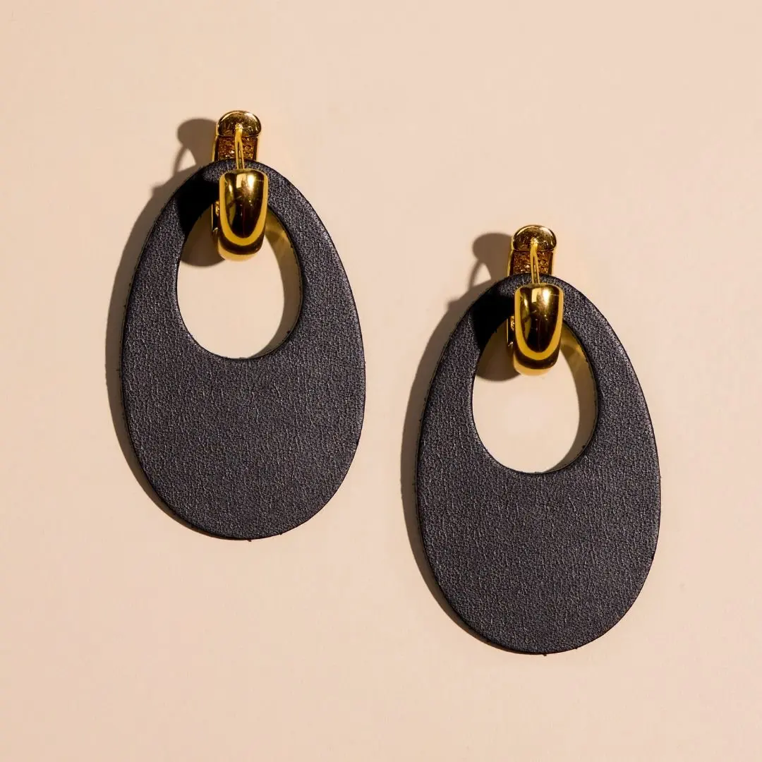 Black Olivia Leather Hoop Earrings