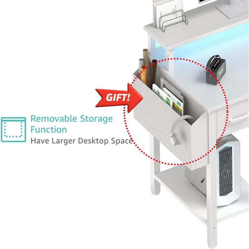 Lufeiya White L Shaped Gaming Desk with Fabric Drawers and Storage Shelves, 47 inch Home Office Desk with Monitor Stand, Computer Desk with LED Lights and Power Outlets, White, Get Free Gift
