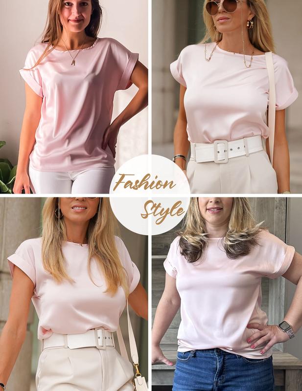 2 Pieces Sets Women's Short Sleeve Pullover Blouses Satin Silk Shirts Casual Loose Work Tunic Tops