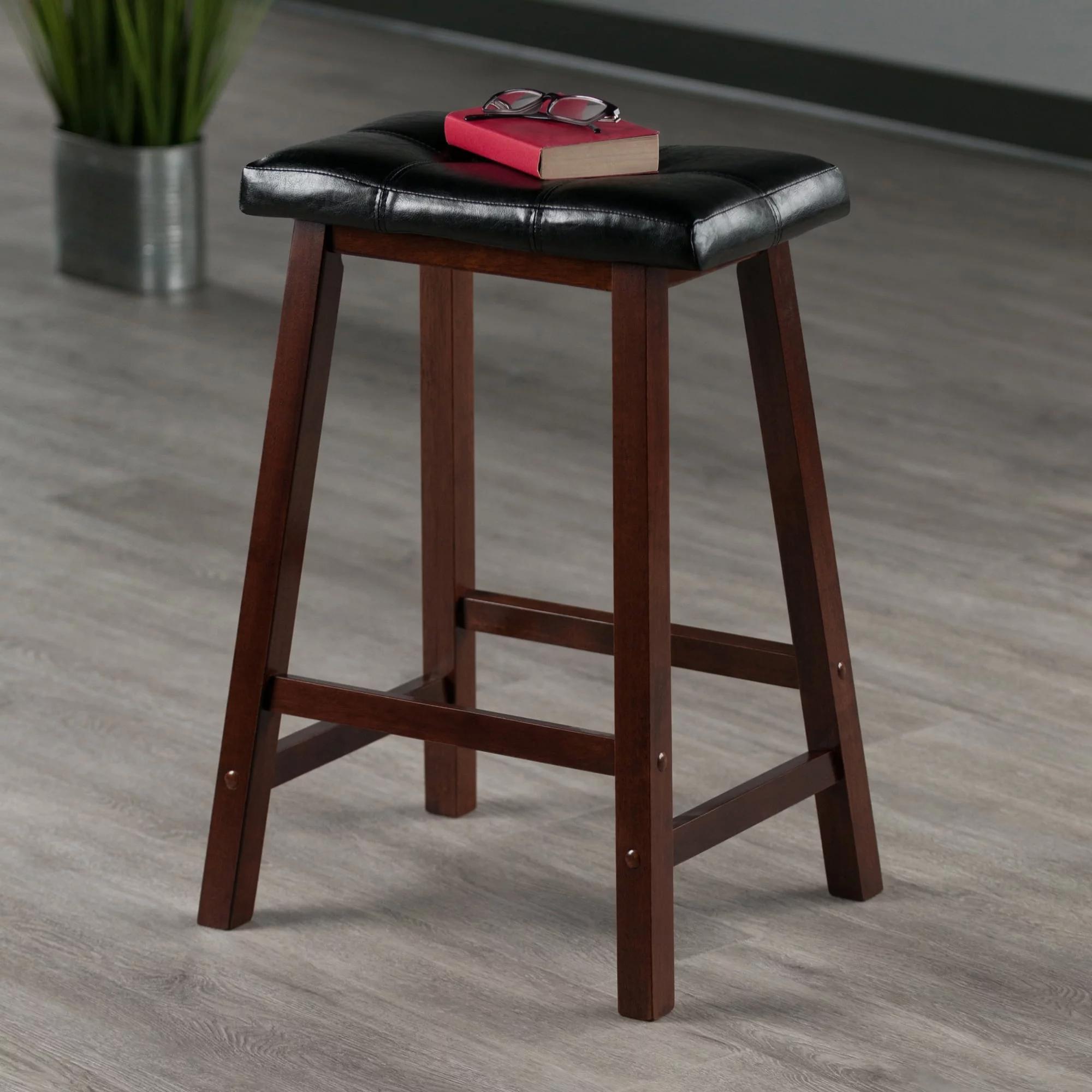 Wood Cushion Saddle Seat Counter Stool, Black & Walnut ，Modern Backless Upholstered Kitchen Counter Bar Stool