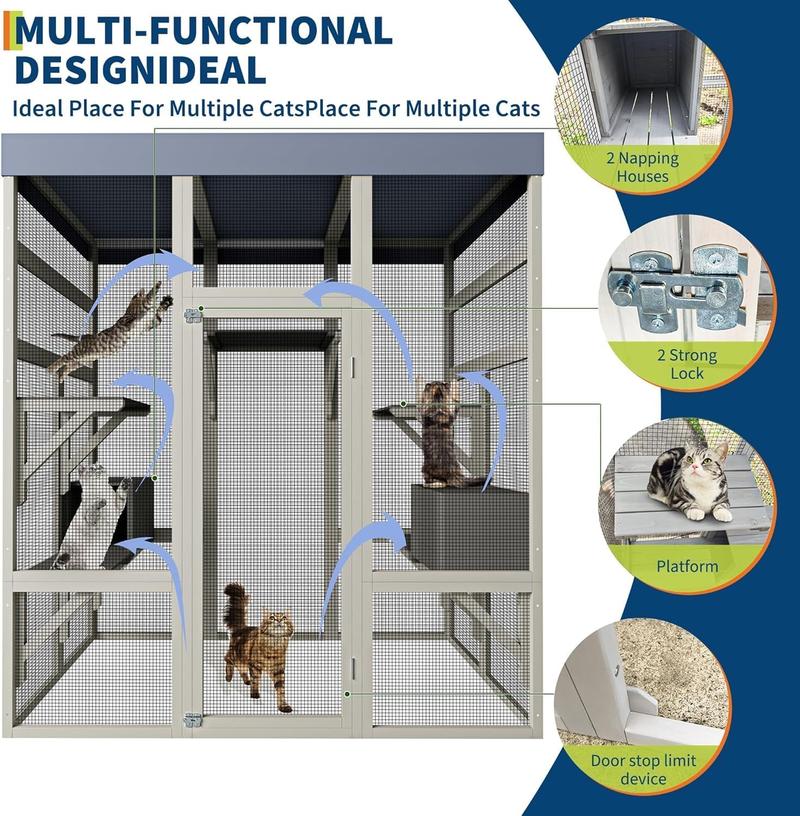 Multi-Level Vertical Cat Villa! 62.6" Gray Wooden Catio Outdoor Pet Enclosure with Waterproof Top Balcony & Indoor Cat Cage, Safe Cat House for Multi-Cat Families