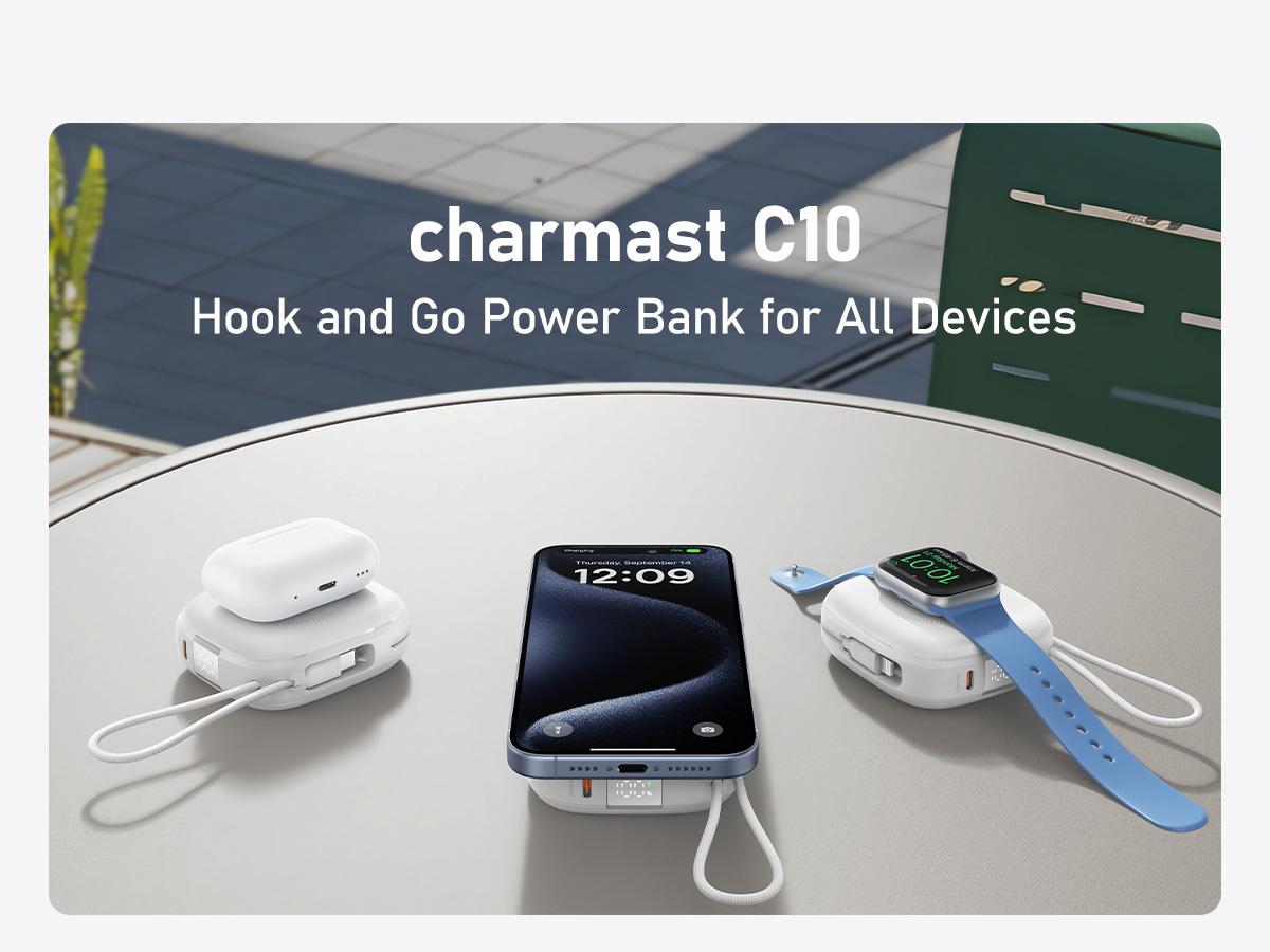 Charmast 10000mAh Magnetic Wireless Power Bank 20W PD Fast Charging 3-in-1 Portable Charger for Smartphones Smartwatches & Earbuds Built-in USB-C Secure MagSafe Wireless Charging Travel Battery Pack Cable Chargeable