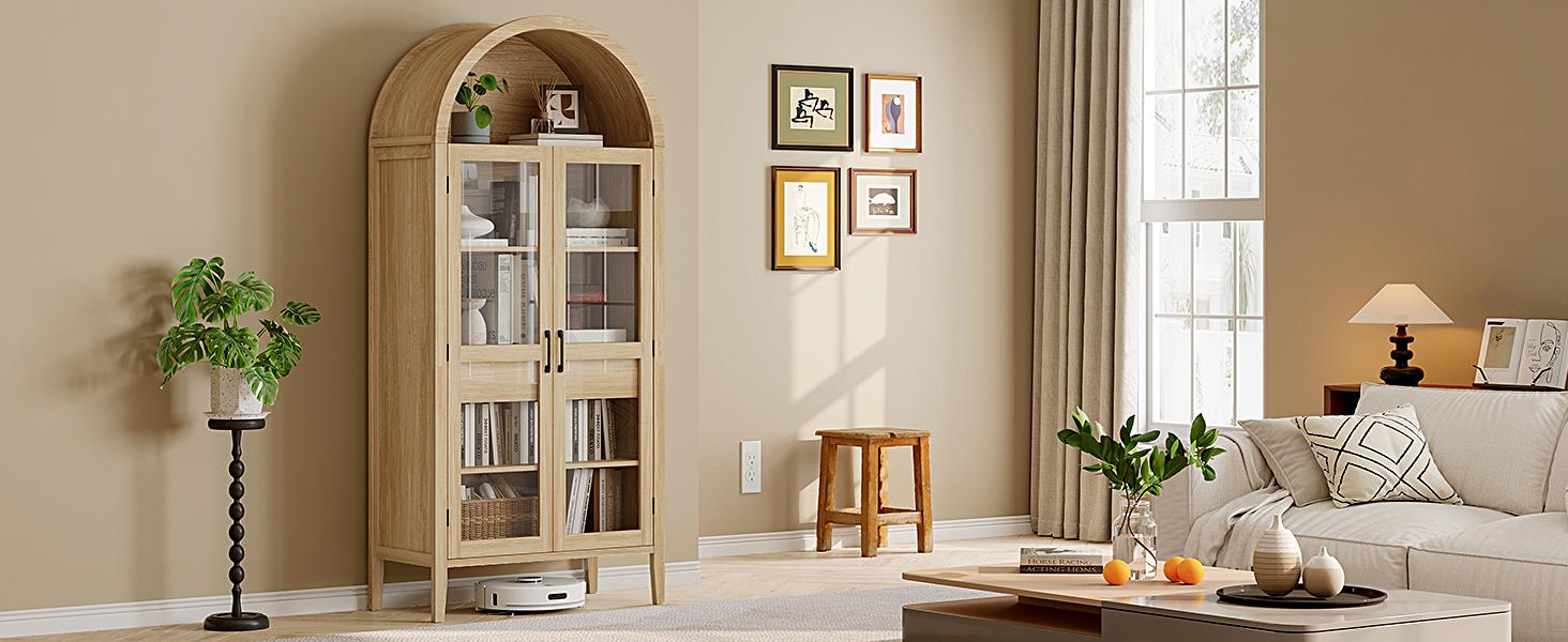 【SPOTLIGHT DAY】ONBRILL 71" High Arched Kitchen Sideboard, 5-Tier Arched Cabinetry Wooden Sideboard with Glass Doors and Drawers, Modern Display Sideboard with Adjustable Legs