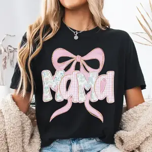 Coquette Patchwork Mama Bow Vintage Tee | Oversized Retro Cottagecore Mama Graphic Shirt