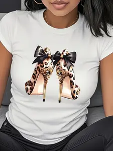 COD Women'S Leopard Print Bow High Heel Pattern Casual T-Shirt - Black Round Neck Short Sleeve Top, Fashionable for All Seasons, Women'S Tee