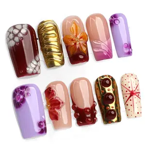 MuseMoodNails PG20 Themed Funky Garden Party Press-On Nails, Handmade Medium Square 10 PCS 3D Reusable Gel Nails, Easy Apply, Salon Quality Finish, Long-Lasting, Vegan-Safe