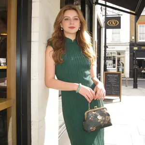 Effortless Chic Crinkle Qipao, Sleeveless Mandarin Collar Midi Dress, Contemporary Chinese Style Everyday Wear（Runs slightly large, with stretchy fabric.）