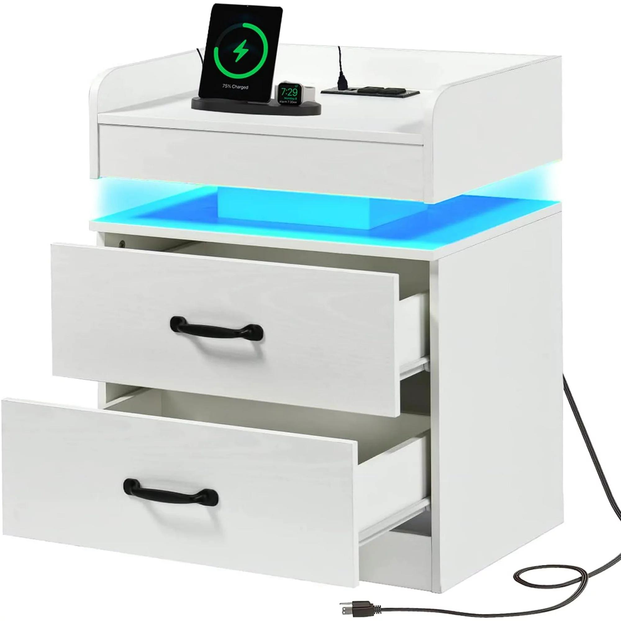 HOMBCK LED Nightstand with Charging Station, Modern Black Night Stand  Storage Drawers, End Side Table for Living Room