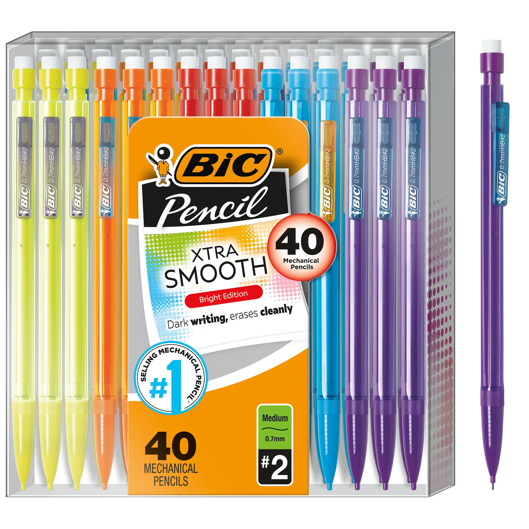 BIC Xtra-Smooth Mechanical Pencils with Erasers, Bright Edition Medium Point (0.7mm), 40-Count Pack, Bulk Mechanical Pencils for School or Office Supplies