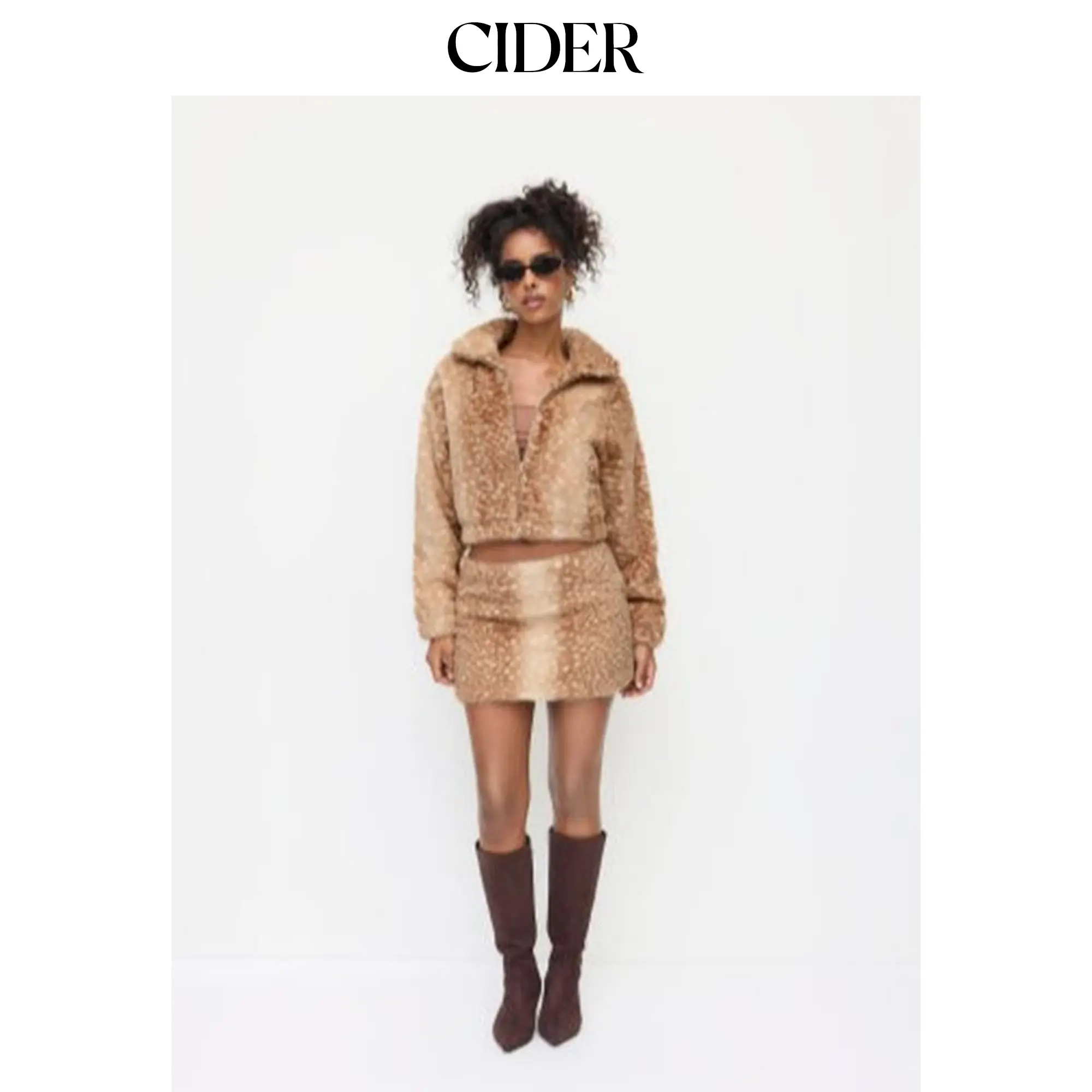 Cider Women's 2-Piece Casual Animal Print Faux Fur Outerwear Mini Skirt Set - Long Sleeve High Neck Zip Beige Jacket, Low Rise Skirt, Standard Sizes
