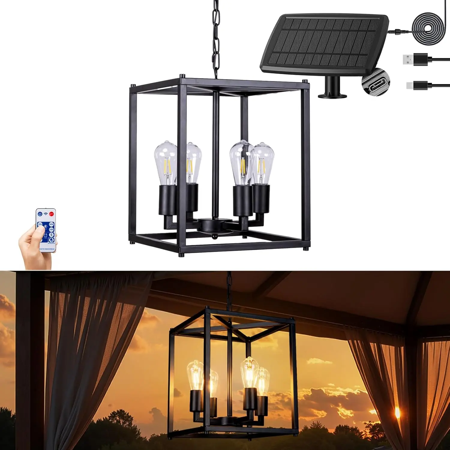 14" Farmhouse Solar Chandelier, Dimmable Outdoor Hanging Pendant Light with 450 Lumens Warm White Light, Water-Resistant Synthetic, 12"x12"x14" Size, 37.4" Adjustable Chain, Bulb Included for Gazebo, Pergola Decor
