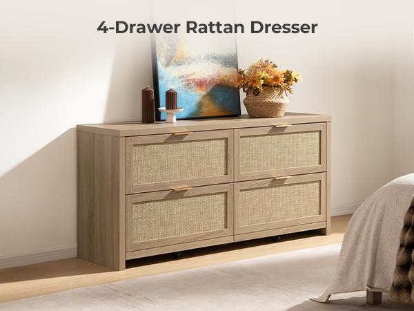 SICOTAS 60.8" Dresser for Bedroom, Rattan Boho Dresser with 4 Deep Drawers, Large Chest of Drawers for Closet,Nursery,Dressers TV Stand for Living Room