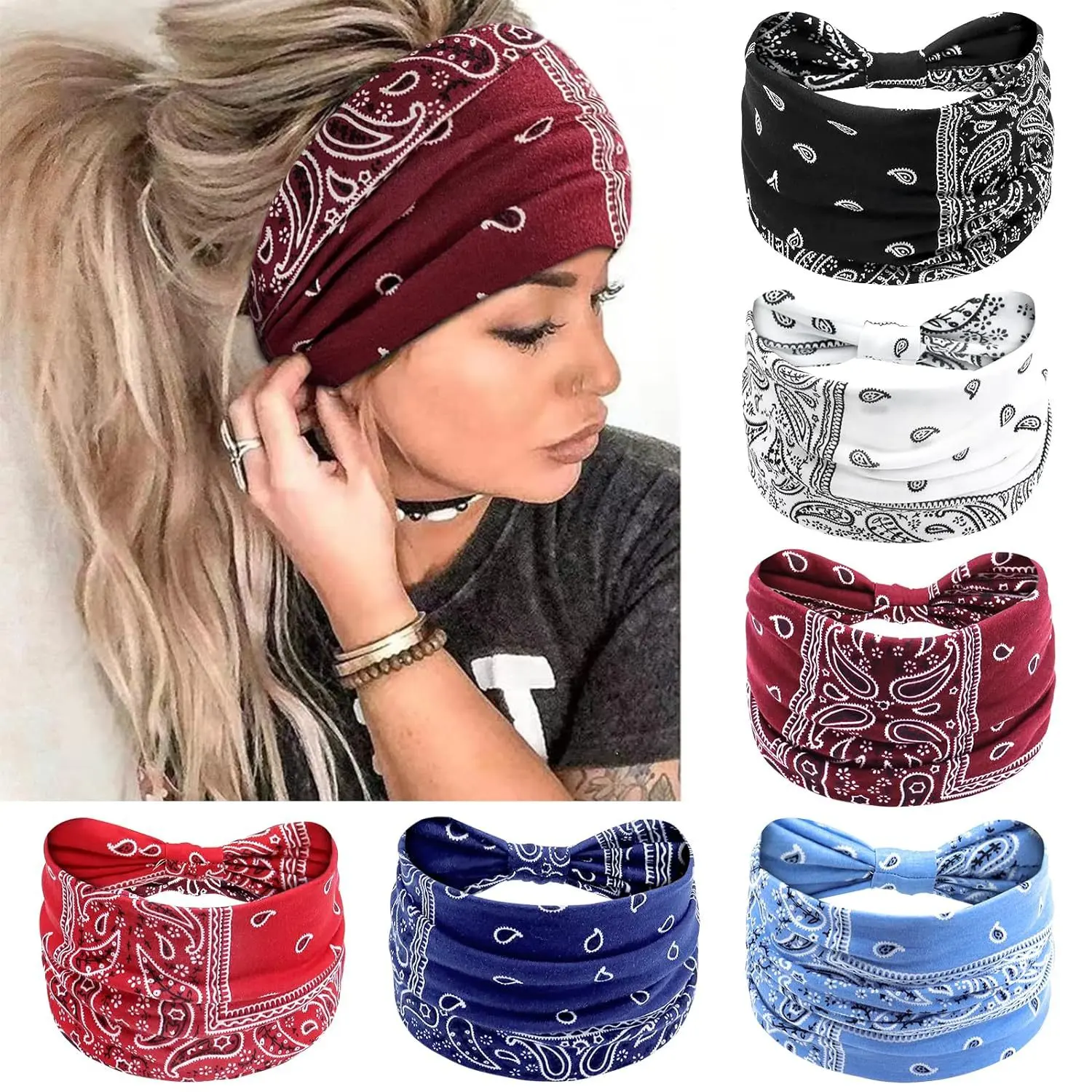 Headbands for Women Non-Slip, Wide Boho Soft Stretch Head Bands, 6-Pack, No-Pressure Fit, Fashion Hair Accessories for Yoga Workout