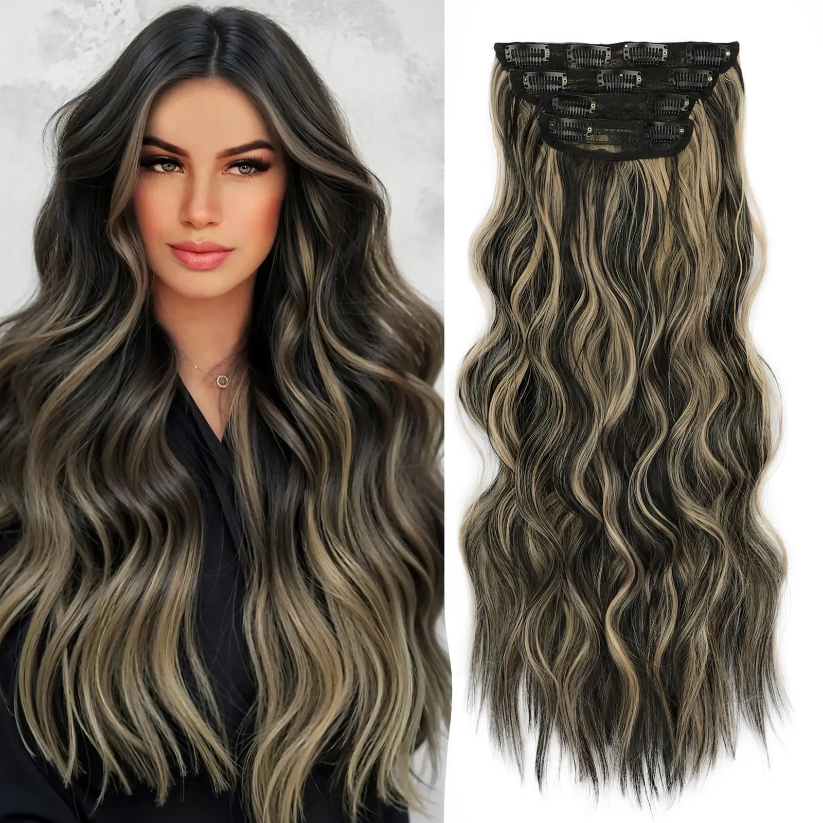 HIUSVO Clip in Hair Extensions, 24/20 Inch 4 PCS Thick & Soft Hair & Blends Well Hair Extensions, Long Wavy Synthetic Hairpieces