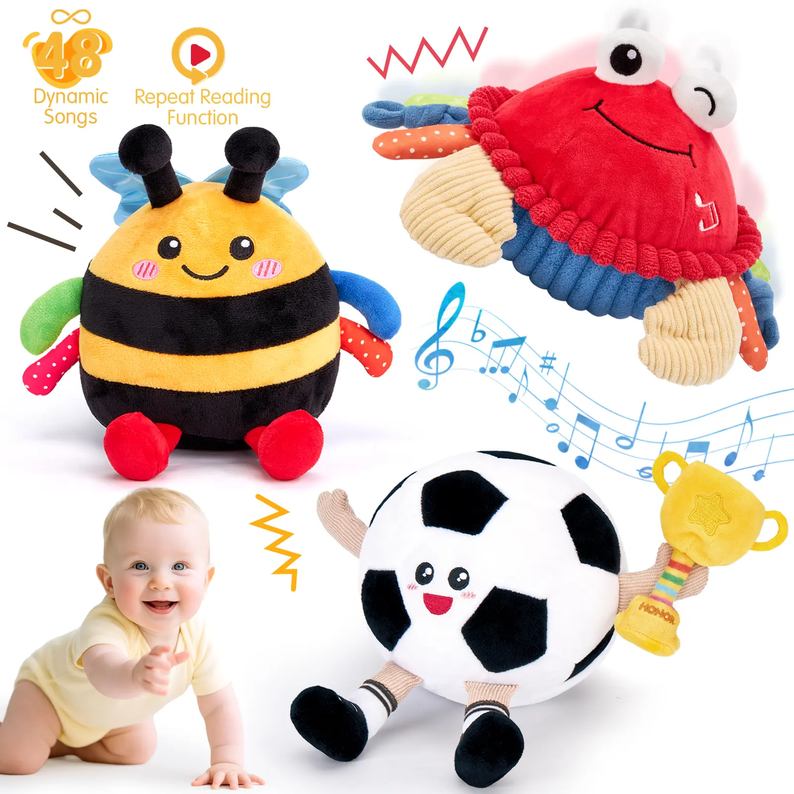 Hahaland Musical Interactive Dancing Crab/Bee/Football Plush Toy - 48 Songs & Repeat What You Say- Walking Moving Bouncing Crawling Toddler Toy 1-3 Baby Toy Infant Tummy Time Toy 0-3-6-12-18 Months Birthday Easter Basket Stuffers  Gifts for Kids